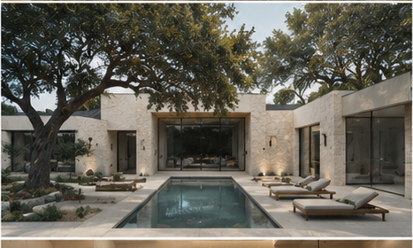 Pool courtyard with live oaks — Lakeway