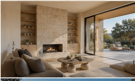 Living room with limestone fireplace — Spicewood