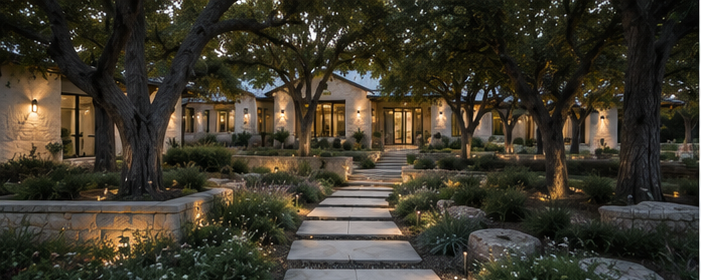RH Builders Hill Country home exterior at night
