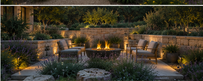 Stone patio fire pit at dusk — RH Builders