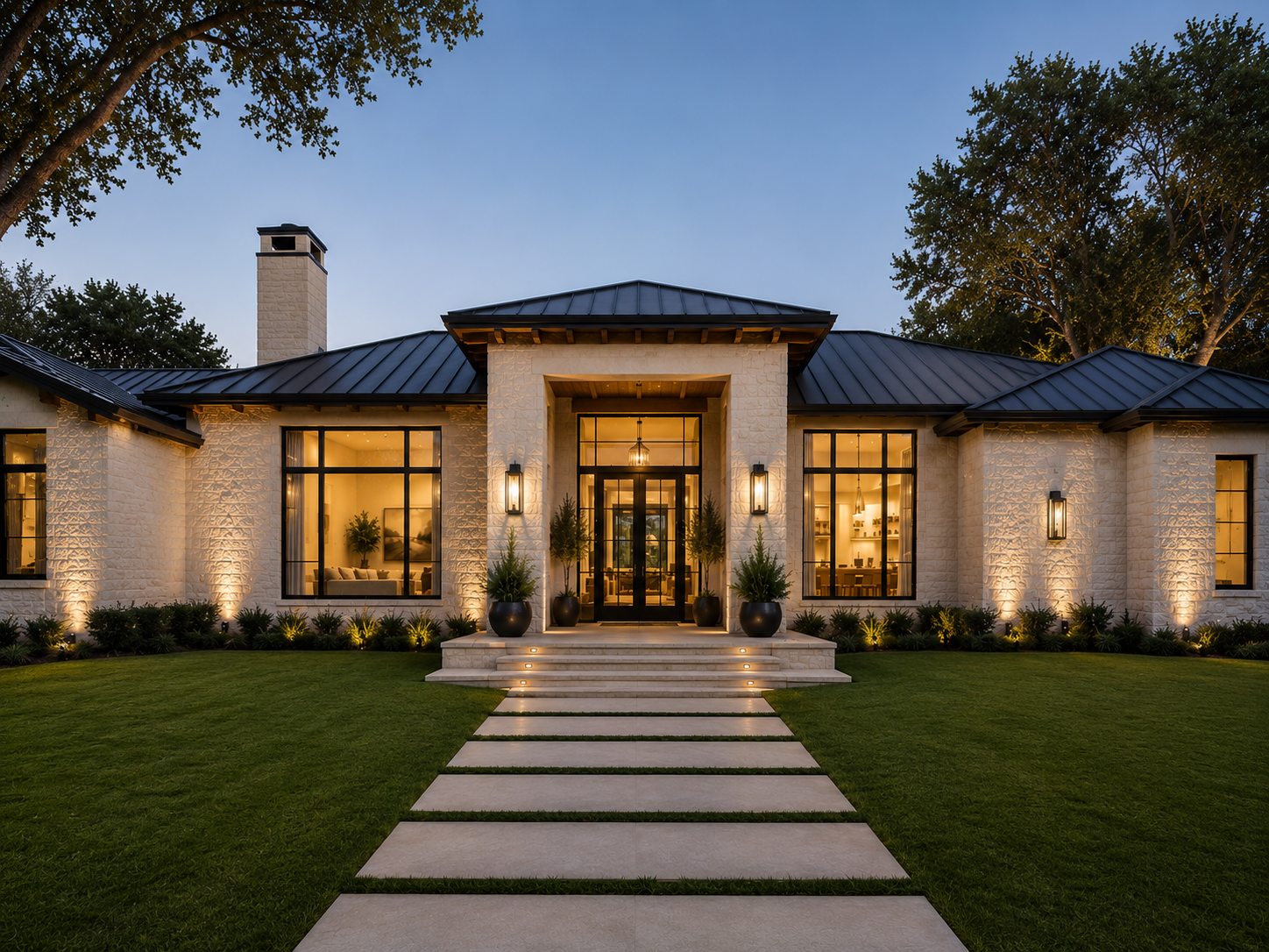 Custom home exterior at dusk — Lakeway